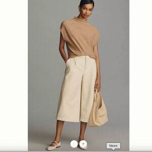 ANTHROPOLOGIE Cream Ivory Faux Leather Wide Leg Coulottes Cropped Pants 14